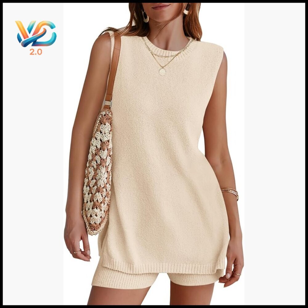 Sleeveless Sweater Lounge Set 2-Piece Tunic Top Shorts Loose Fit Summer